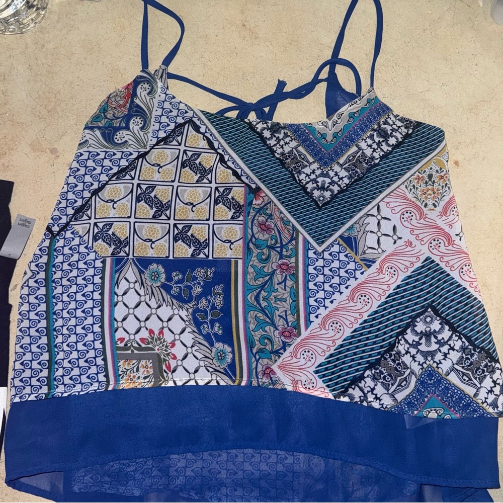 Patchwork Spaghetti Strap Top - Blue And Multicol… - image 1